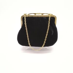 Vintage Black Velvet Evening Bag Gold Kiss Lock Chain Clutch